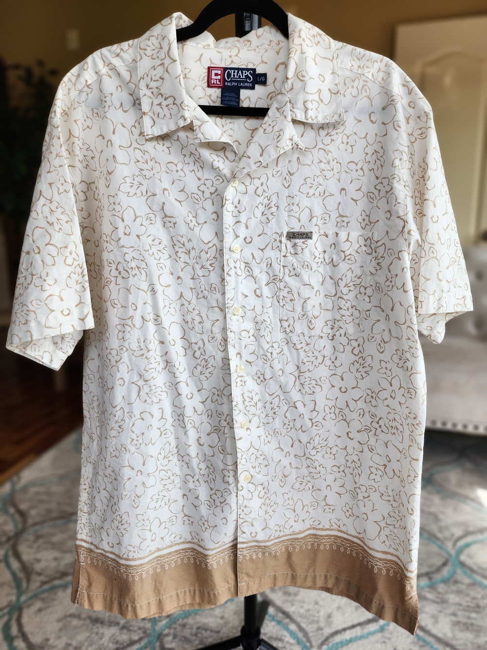 Chaps by Ralph Lauren Men's Cream & Tan Floral Short-Sleeve Shirt - Large